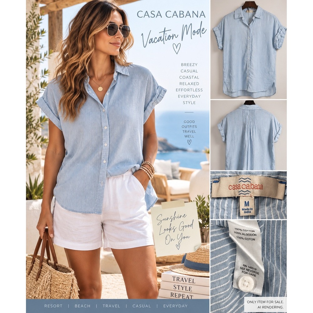 Button Down Shirt Blue White Stripe Cotton Coastal Vacation Coastal Grandmother